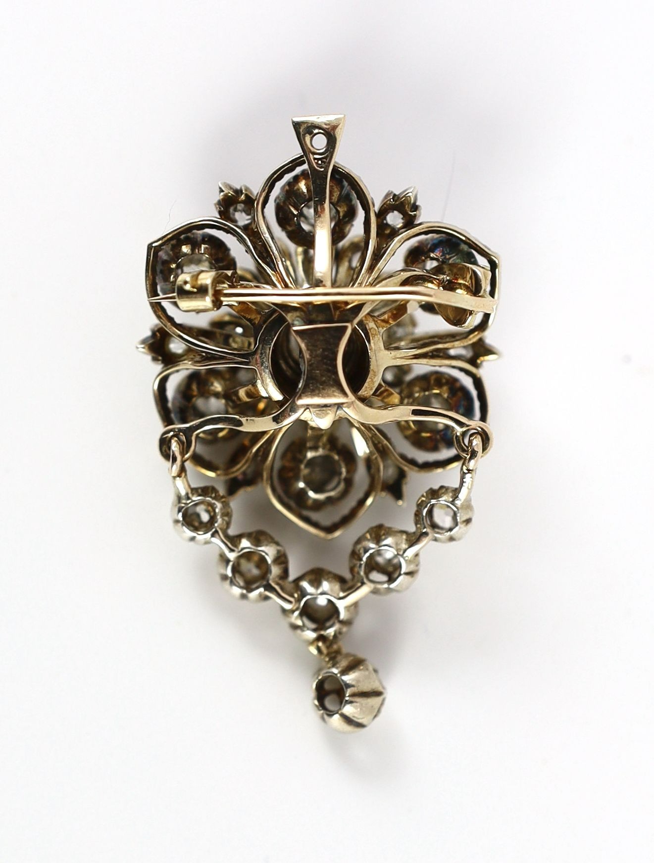 A 19th century gold, silver and diamond cluster drop pendant brooch